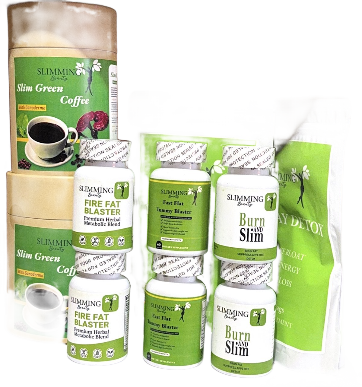 The Slimming Beauty range: Slim Green Coffee, capsule bottles and 14 Day Detox pouches, transparent background