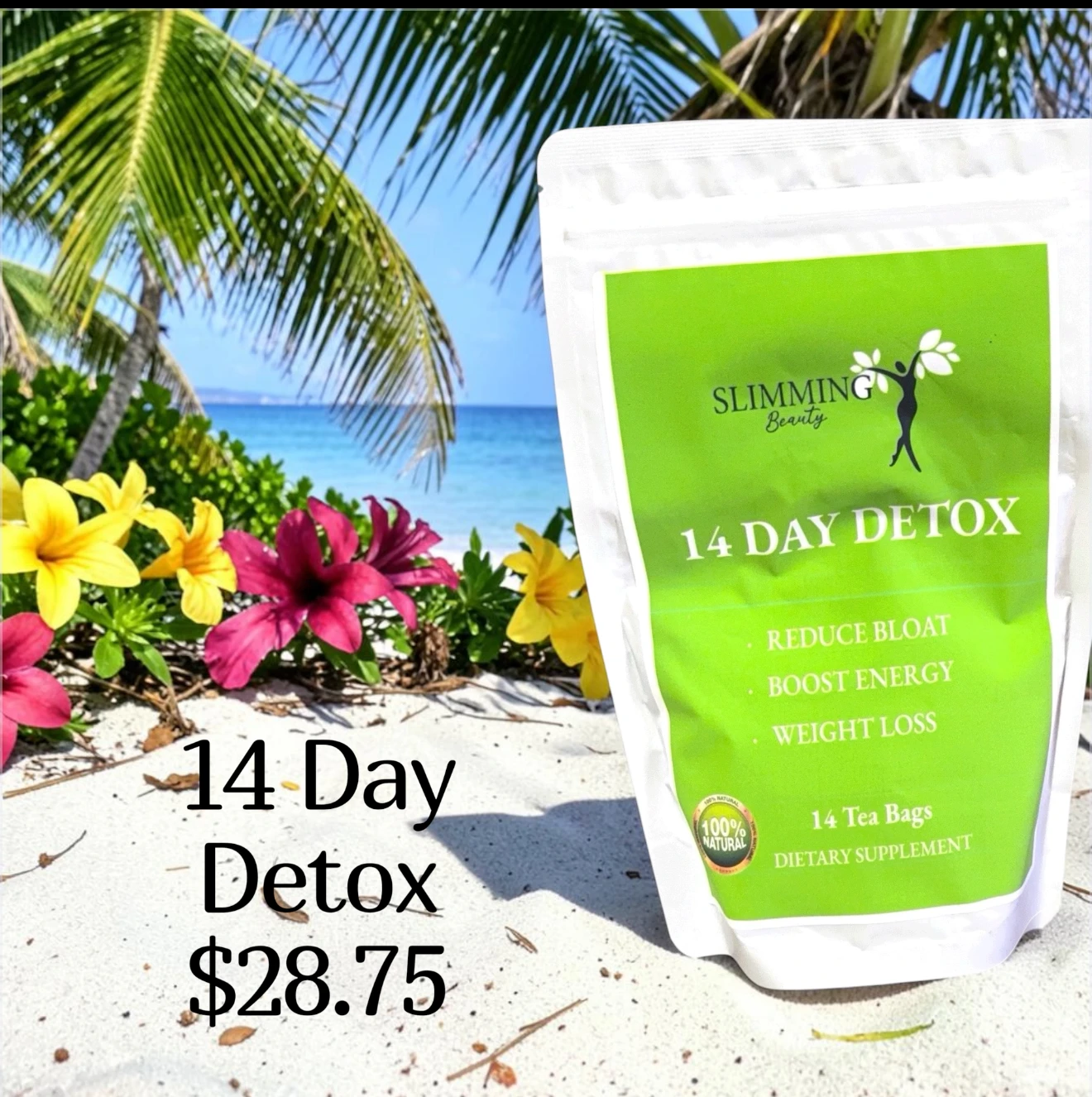 Slimming Beauty 14 Day Detox tea pouch, 14 tea bags, standing on a tropical beach, $28.75