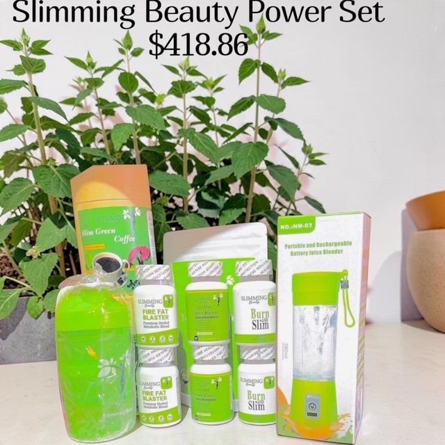 Slimming Beauty Power Set: Slim Green Coffee, Fire Fat Blaster, Fast Flat Tummy Blaster, Burn and Slim, detox tea, shaker bottle and portable blender, $418.86